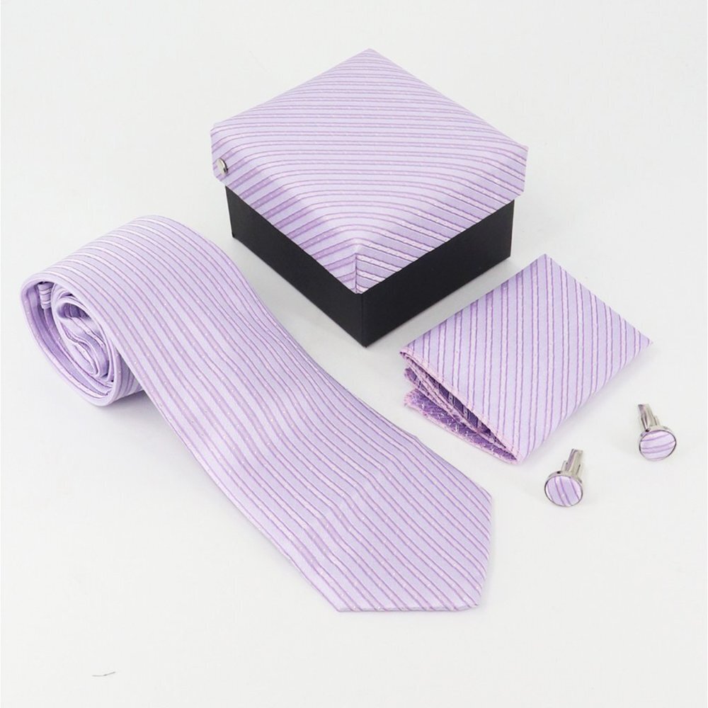 NEW 3-Pc Boxed Gift Tie Set Coordinated Print Cuff Links Hankerchief Hand Sewn